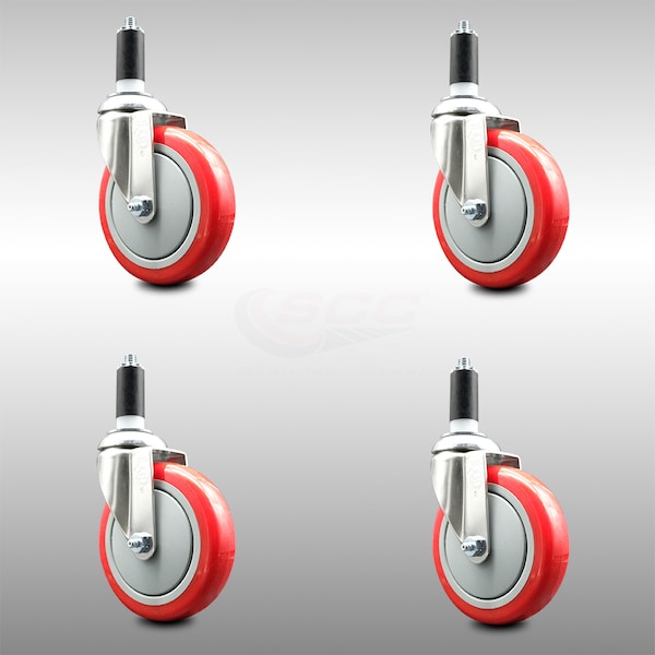 Service Caster 5 Inch 316SS Red Polyurethane Swivel 1-3/8 Inch Expanding Stem Caster Set SCC SCC-SS316EX20S514-PPUB-RED-138-4 - main